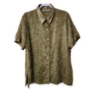 Erica Brooke Collection Womens 20 Evening Button Up Shirt Olive Green Fuzzy EUC